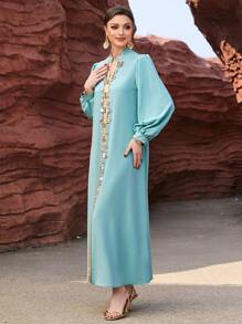 Al Najma Colorblock Woven Belt & Beaded Detail Notch Neck Slit Hem Dress