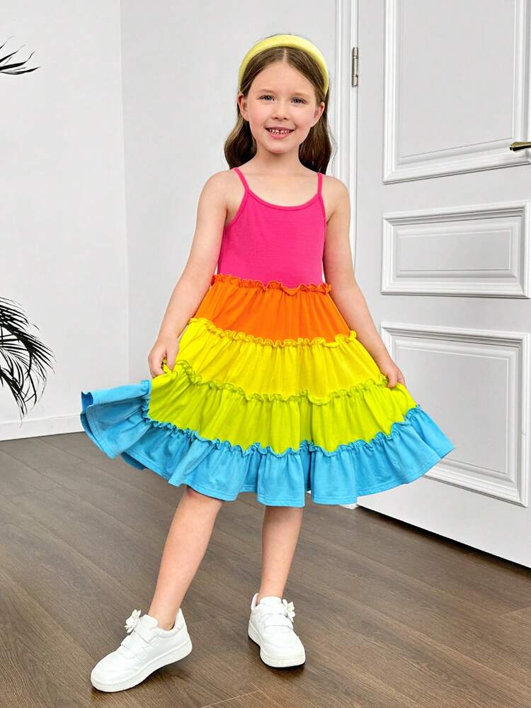 Young Girls' Knitted Color-Block Loose Fit Cami Dress