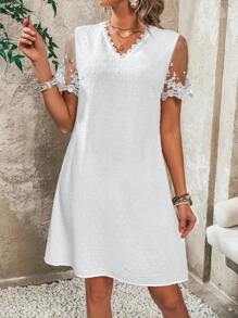 SHEIN VCAY V-Neck Lace Patchwork Floral Dress - White - View 1