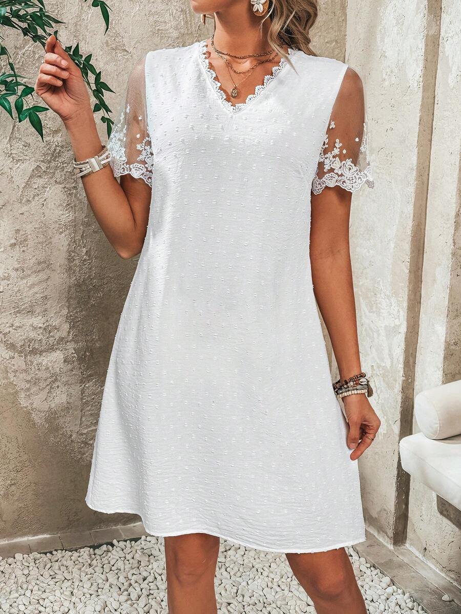 SHEIN VCAY V-Neck Lace Patchwork Floral Dress - White - View 1