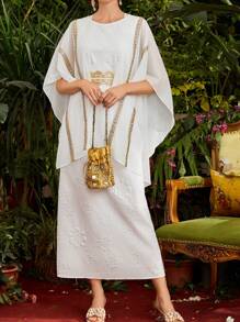 Divindia Women's Flare Sleeve Dress With Embroidery Decoration - White - View 1