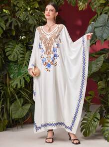 Al Najma Caftán Con Manga De Murciélago Y Cuello En V Con Estampado De Flores - Multicolor - Ver 4