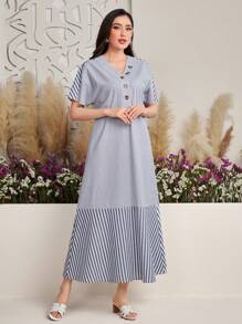 Mulvari Vestido De Murciélago De Manga Corta Con Detalle De Botón Y Estampado De Rayas Para Mujer - Azul - Ver 7