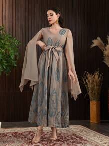 Al Najma Loose-Fit Embroidered Leaf Pattern V-Neck Cape Sleeve Dress - Khaki - View 3