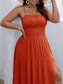 SHEIN VCAY Vestido camisero largo con abertura alta en talla grande y unicolor, para el verano