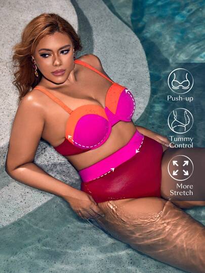 SHEIN Swim Curve Plus Size Women's Color Block Bikini Set Music Festival Summer Beach