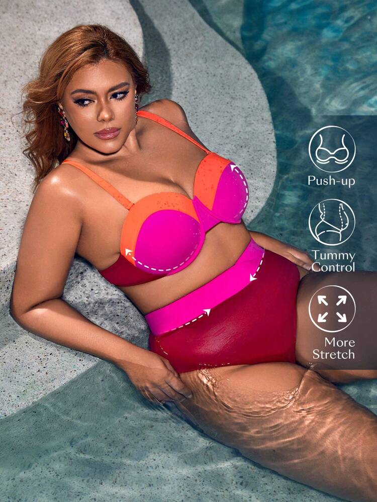 Plus Size Women's Color Block Bikini Set Music Festival Summer Beach