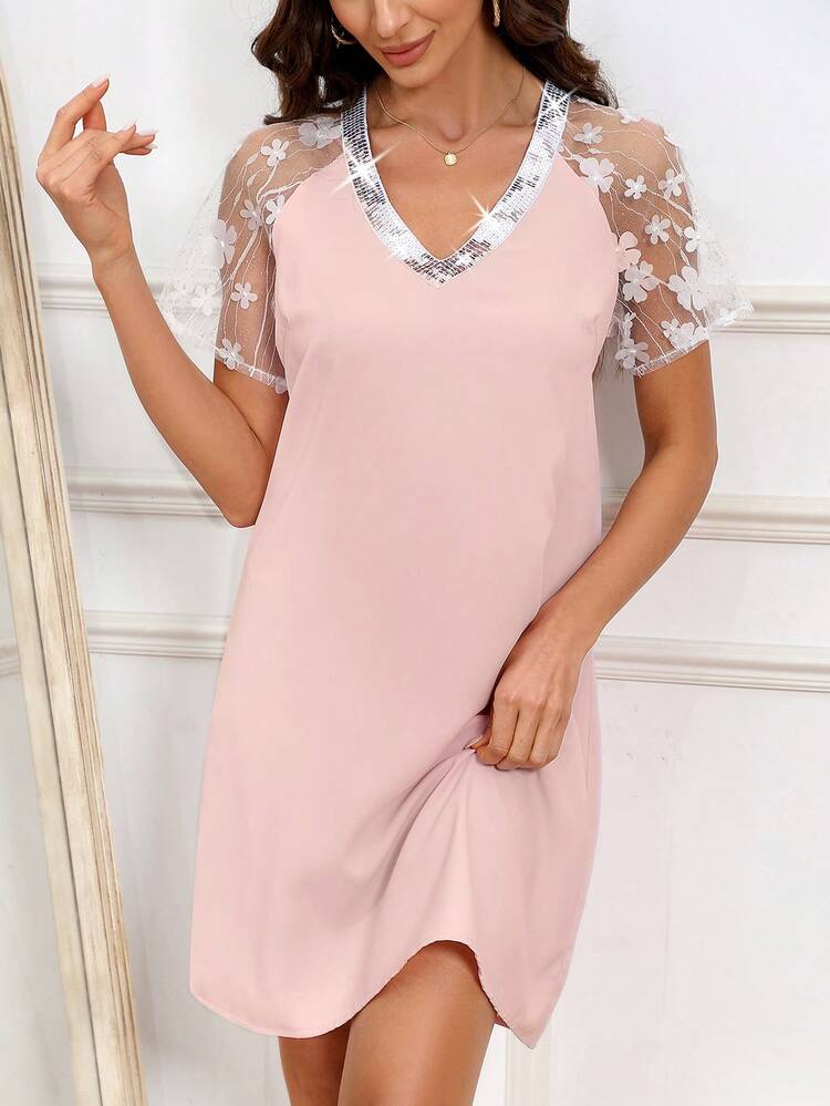 Ladies' Glitter Splicing Mesh Raglan Short Sleeve Dress Pastel Dress