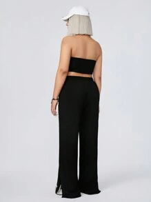 SHEIN EZwear CURVE Plus Size Spider Embroidered Strapless Top And Wide Leg Pants Two Pieces Set - Black - View 2