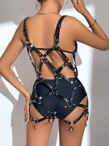 Spicy Aura Women's Leather Lingerie Dress With Round Rings, One-Piece Outfit - Black - View 2