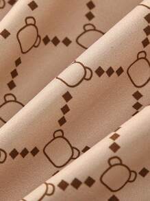SHEIN Young Girls' Solid Color Round Neck Short Puff Sleeve Top And Geometric Printed Pants Two-Piece Set - Brown - View 5