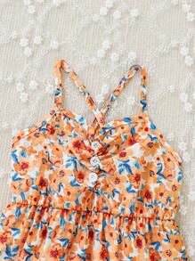Baby Girl Floral Printed Backless Cross Cami Jumpsuit - Yellow - View 3