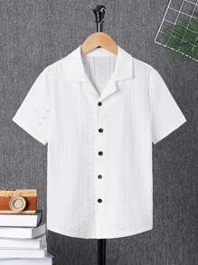 SHEIN Cậu bé Tween Lỏng lẻo Nhà thoải mái Dệt kim Dệt hoa Ngắn tay Áo sơ mi Với Vòng cổ - trắng - Xem 8