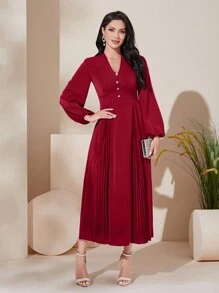 Modelyn 勃艮第红女士 V 领灯笼袖褶皱阿拉伯连衣裙 - 酒紅色 - 查看 6