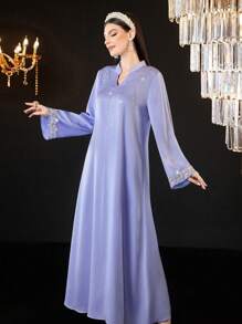 Al Najma Women's Embellished Flare Sleeve Arabic Style Dress - Blue - View 3