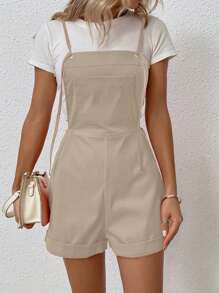 SHEIN LUNE 素色反摺褲腳背帶連體短褲不帶T恤