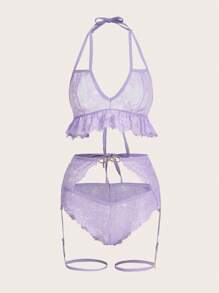 SHEIN Women'S Lace Halter Neck Sexy Lingerie Set - Mauve Purple - View 7