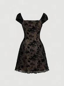 SHEIN MOD Women'S Floral Velvet Mesh Ribbon Tie Dress