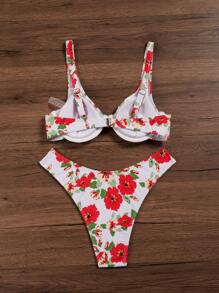 SHEIN Swim Bộ bikini in hoa cho nữ, Bộ bikini hai mảnh đi biển mùa hè - Đỏ và trắng - Xem 4
