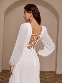 SHEIN Belle 交叉肩帶褶皺無背高開叉伴娘禮服 - 白色 - 查看 2