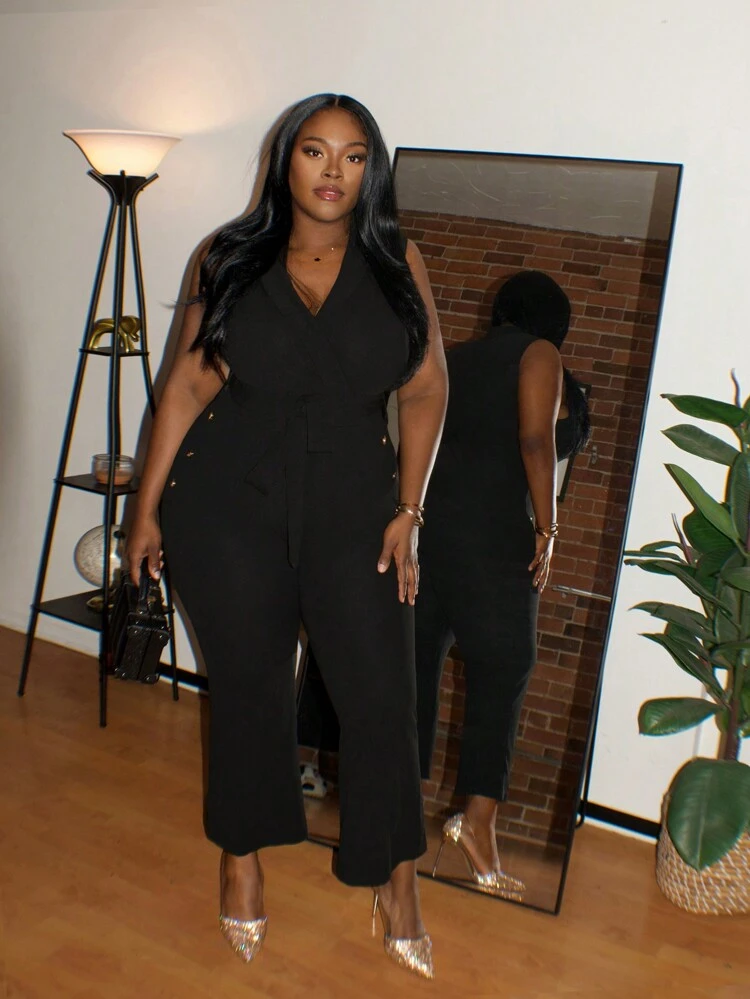 Plus Size Women's Elegant Jumpsuit With Solid Color, Sleeveless, V-Neck, Waist Belt, Metal Buckle And Flared Pants, Perfect For Commuting