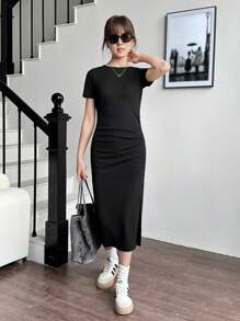 SHEIN Teen Girls'  Summer  Knitted Ribbed Waist Pleated Slit Casual Dress Graduation Outfit