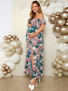 SHEIN Thanh lịch & Lãng mạn Không giới tính Tắm em bé Off Shoulder Đường viền cổ áo In thực vật Đã thu thập Eo Dài Thai sản Đầm - Nhiều màu - Xem 1