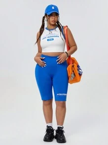 SHEIN EZwear CURVE Conjunto De Top Cropped E Shorts Com Impressão De Letras Em Tamanho Grande