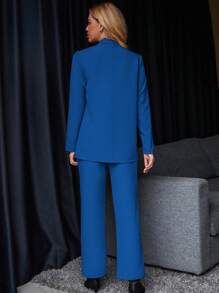 Chiquease 純色翻領單排釦西裝外套和褲子套裝 - 寶藍色 - 查看 2