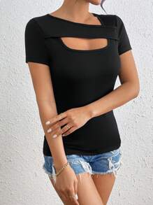 EMERY ROSE Women's Asymmetrical Neckline Hollow Out Short Sleeve T-Shirt - Black - View 4