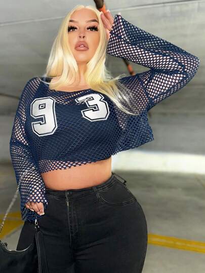 SHEIN SXY Plus Size Mesh Crop Top With Letter Embroidery