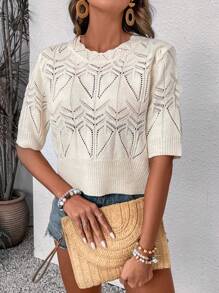 SHEIN LUNE Solid Color Hollow Out Knit Top - White - View 5