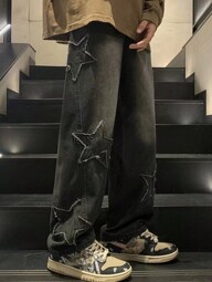 ROMWE MEN Anime Men's Fringed Straight Leg Baggy Jeans With Star Pattern