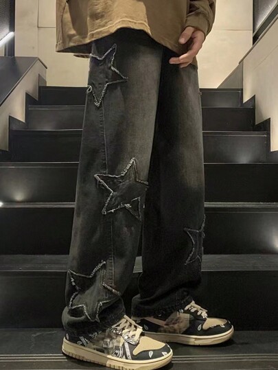 Street Life Jean ample et droit pour homme avec des franges et motif d'étoile