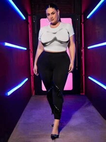 SHEIN SXY Plus Size Tight Fit Short Length Body Printed T-Shirt - White - View 6