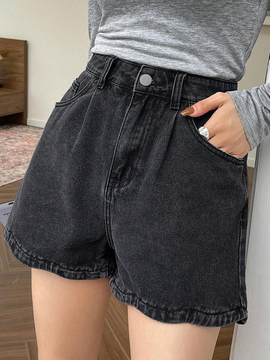 DAZY Denim Shorts With Pleated Design And Slanted Pockets - Dark Grey - View 1
