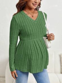 SHEIN Màu thuần Thai sản Đồ đan Ribbed Áo thun - Màu xanh Bạc hà - Xem 4