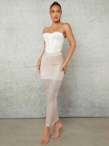 SHEIN BAE Apricot Rose Gold Bronzing Glitter Summer Vacation Crochet Cover Up Hollow Stitching Long Women's Skirt