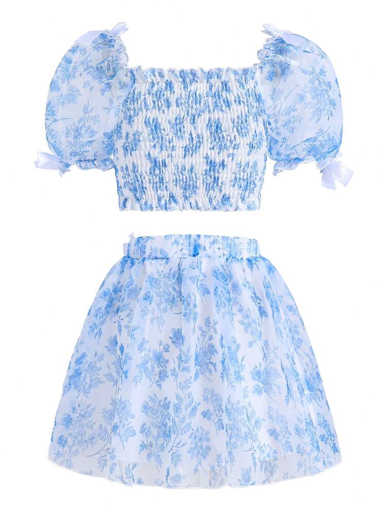 Teenage Girl's Elegant & Cute Bow & Flower Pattern Printed Puff Sleeve Crop Top And Skirt Set