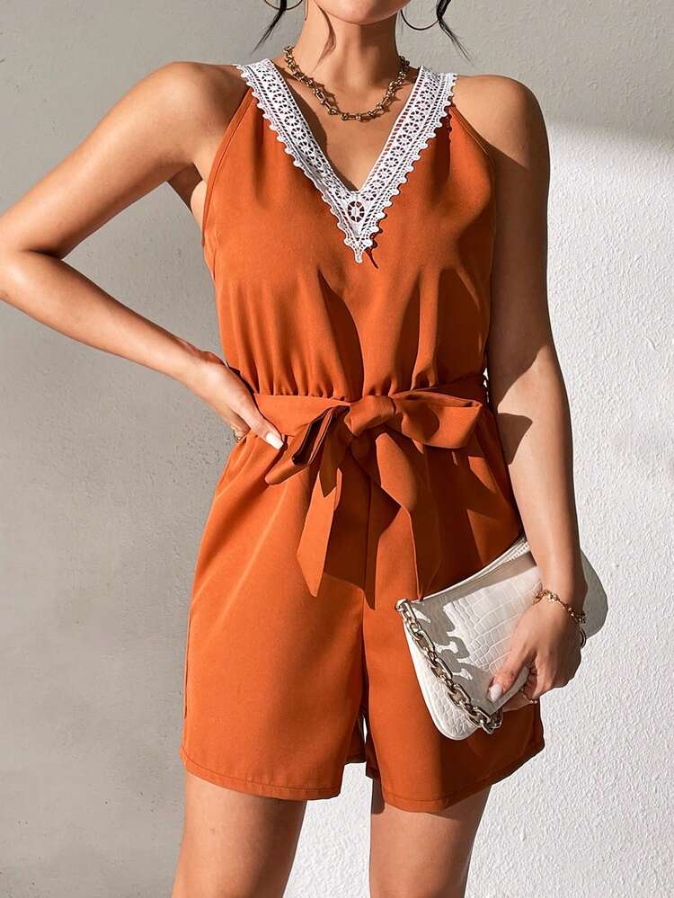 Women's Lace Patchwork Rompers With Floral Trim