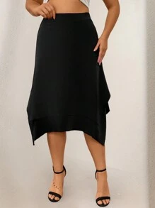 SHEIN LUNE 大碼素色手帕下擺半身裙 - 黑色 - 查看 3