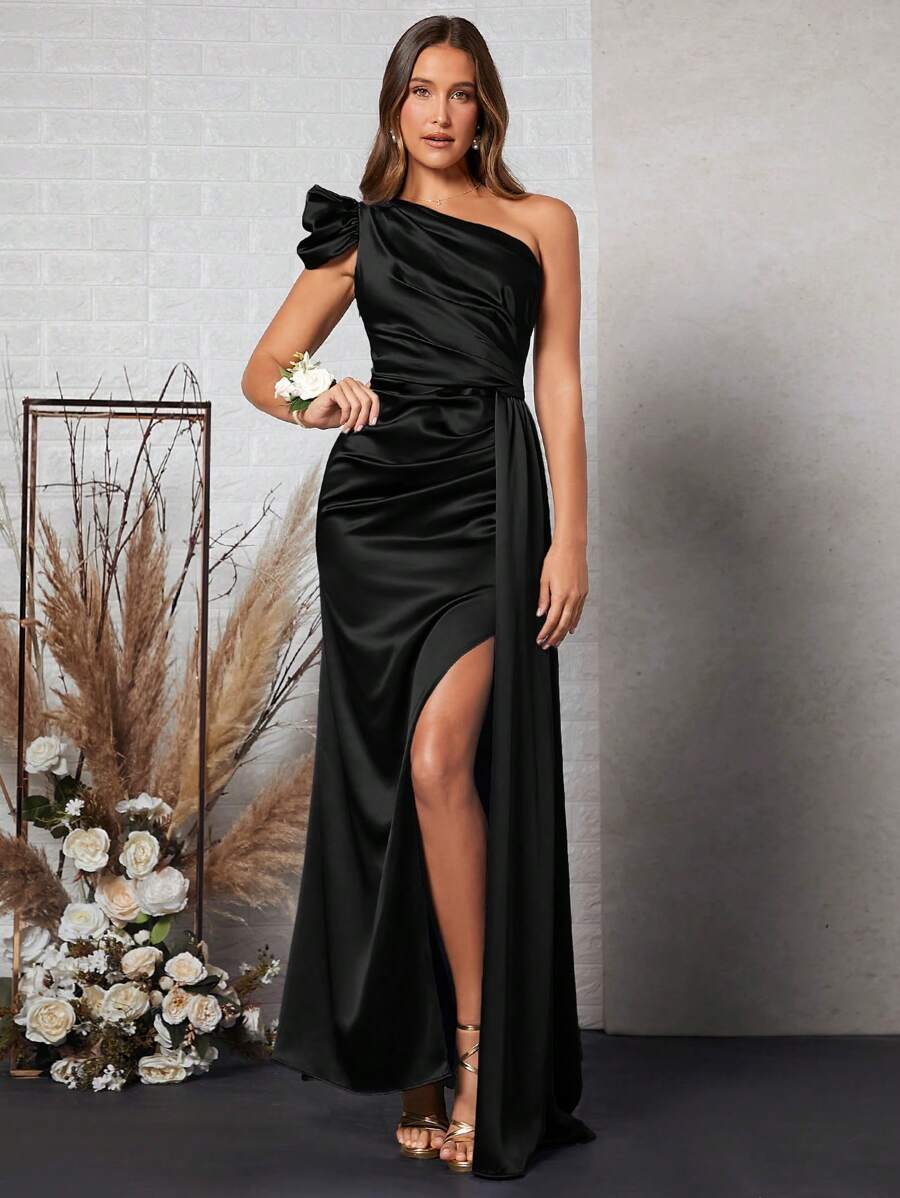 SHEIN Belle Solid Color One Shoulder Sleeveless Slit Cinching Waist Bridesmaid Dress Black Elegant Formal Evening Prom Wedding Guest Gown, For Graduation, Dinner - Black - View 1