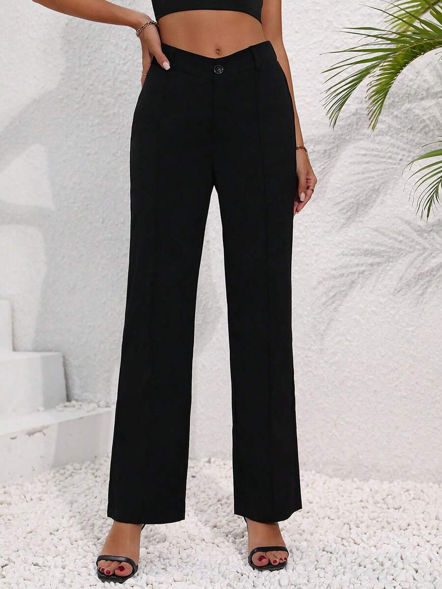 SHEIN Privé Màu thuần Eo đàn hồi Quần ống loe Với Xếp li Trở lại - màu đen - Xem 1