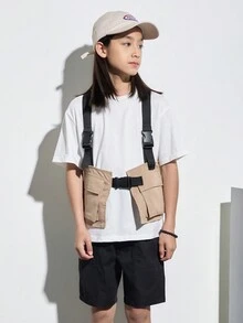 SHEIN Cậu bé Tween Giải trí Phong cách đường phố Không tay Áo khoác Với 3D Túi , Dệt Dây đai Và Màu thuần , - Màu be - Xem 3