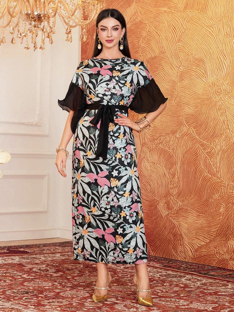 Women's Plant & Flower Printing Patchwork Batwing Sleeve Dress Long Evening Dresses