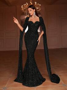 Faeriesty Váy đuôi cá sequin tay dài cổ tim - màu đen - Xem 1