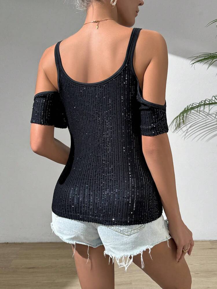 Women's Off-Shoulder Sequined T-Shirt