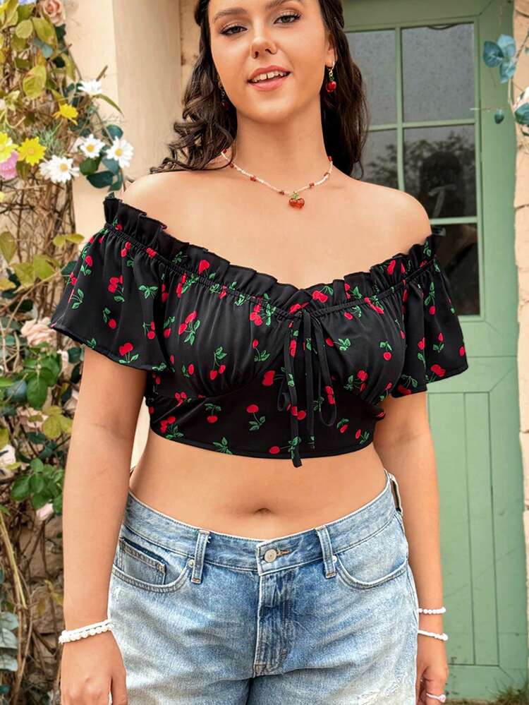 Plus Size Women's Off Shoulder Cherry Print Blouse With Straps