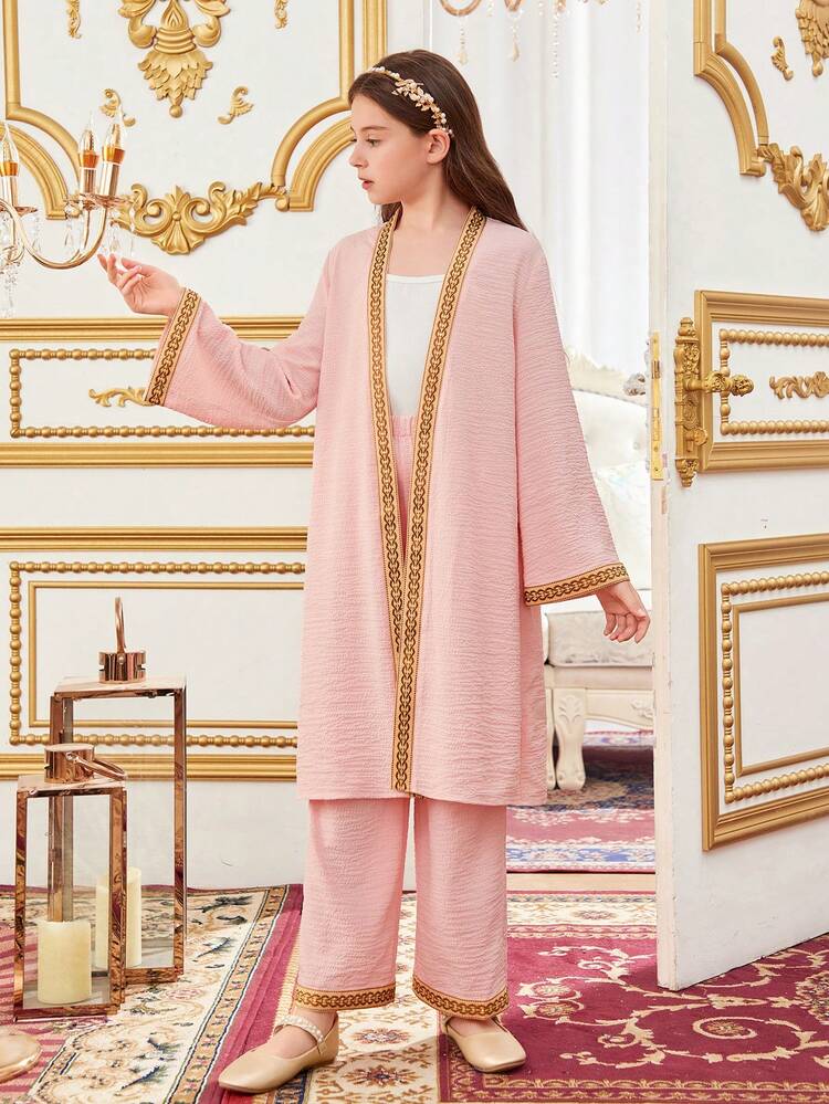 Tween Girl 2pcs/Set Loose Fit Leisure Jacket And Wide Leg Pants With Woven Band Detail