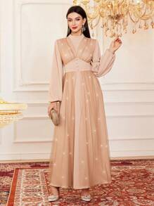 Modelyn Vestido de mujer con cuello alto de malla, manga farol y falda larga elegante para fiestas y eventos - Caqui - Ver 5